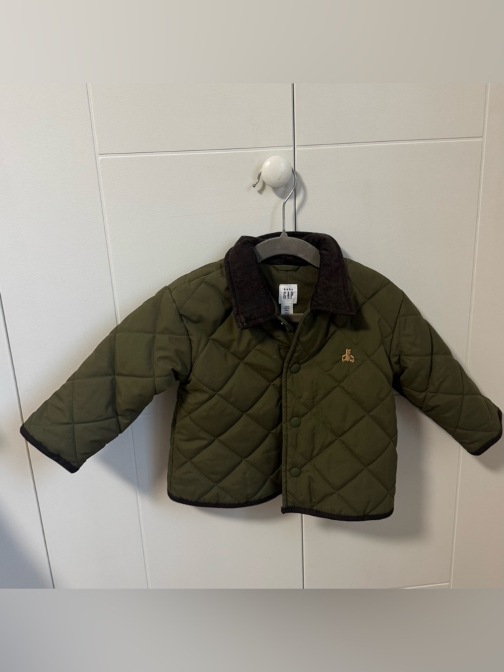 GAP Olive Green Quilted Kids Jacket with Corduroy Collar